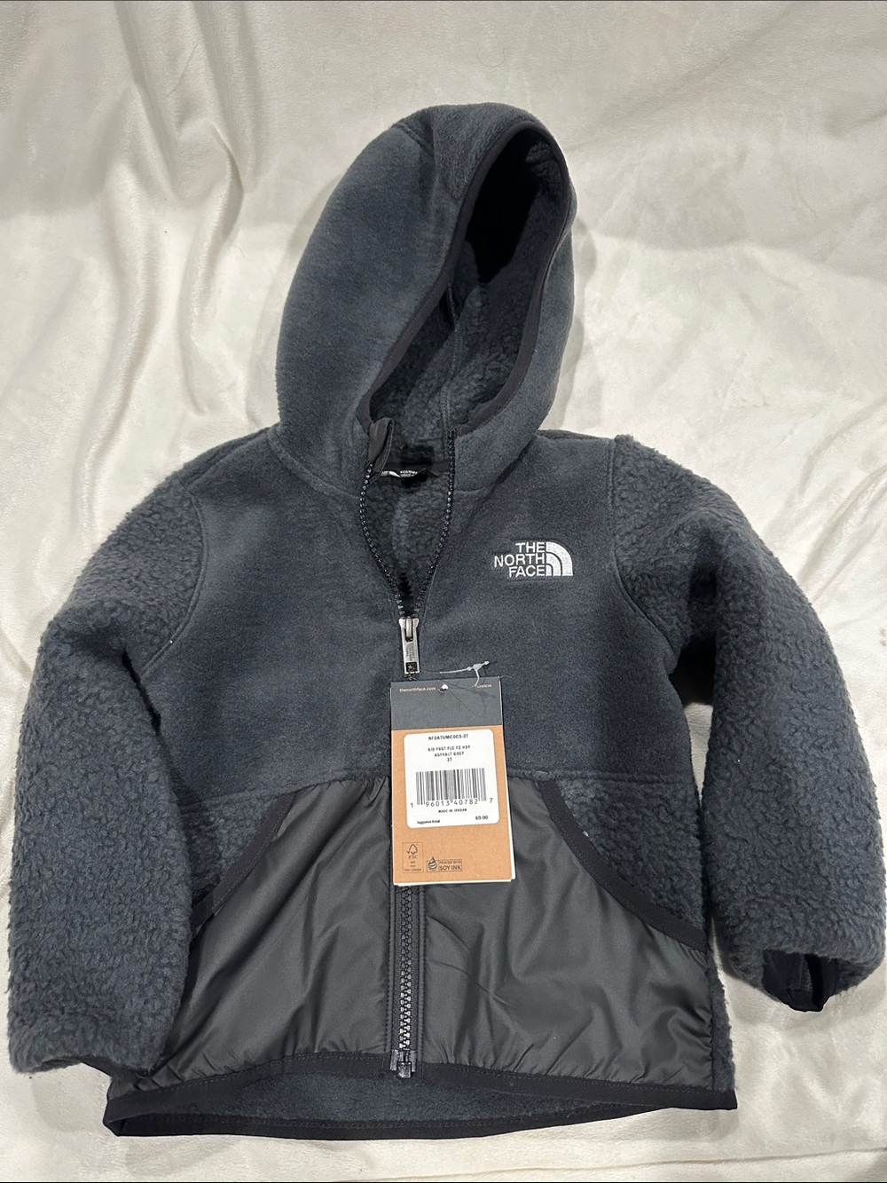 The North Face Dark Gray Kids Hooded Fleece Jacket. NEW 3T